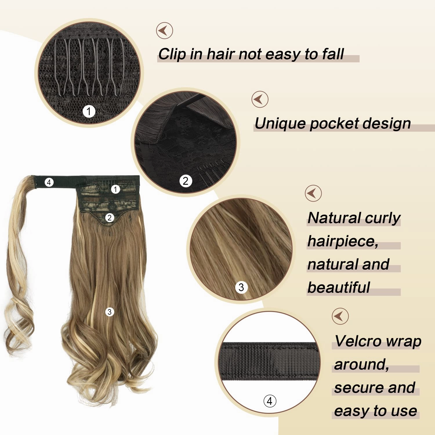 SOFEIYAN Curly Ponytail Extension 15 Inch Heat Resistant Synthetic Natural Wavy Hairpiece Wrap Around Pony Tail Hair Extensions for White Black Women Hair Piece, Ash Brown Highlighted Bleach Blonde