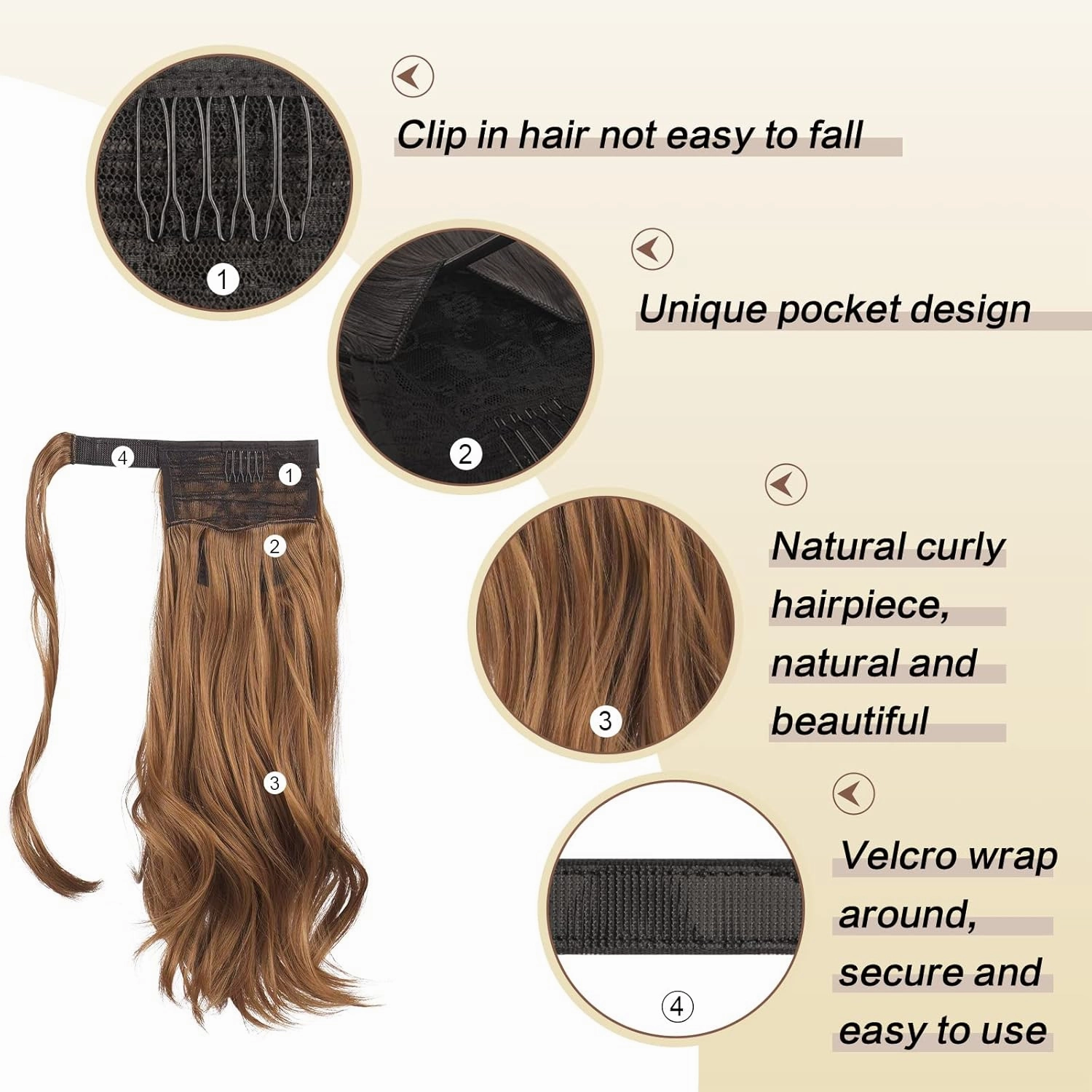 SOFEIYAN Curly Ponytail Extension 15 Inch Heat Resistant Synthetic Natural Wavy Hairpiece Wrap Around Pony Tail Hair Extensions for White Black Women Hair Piece, Auburn Color