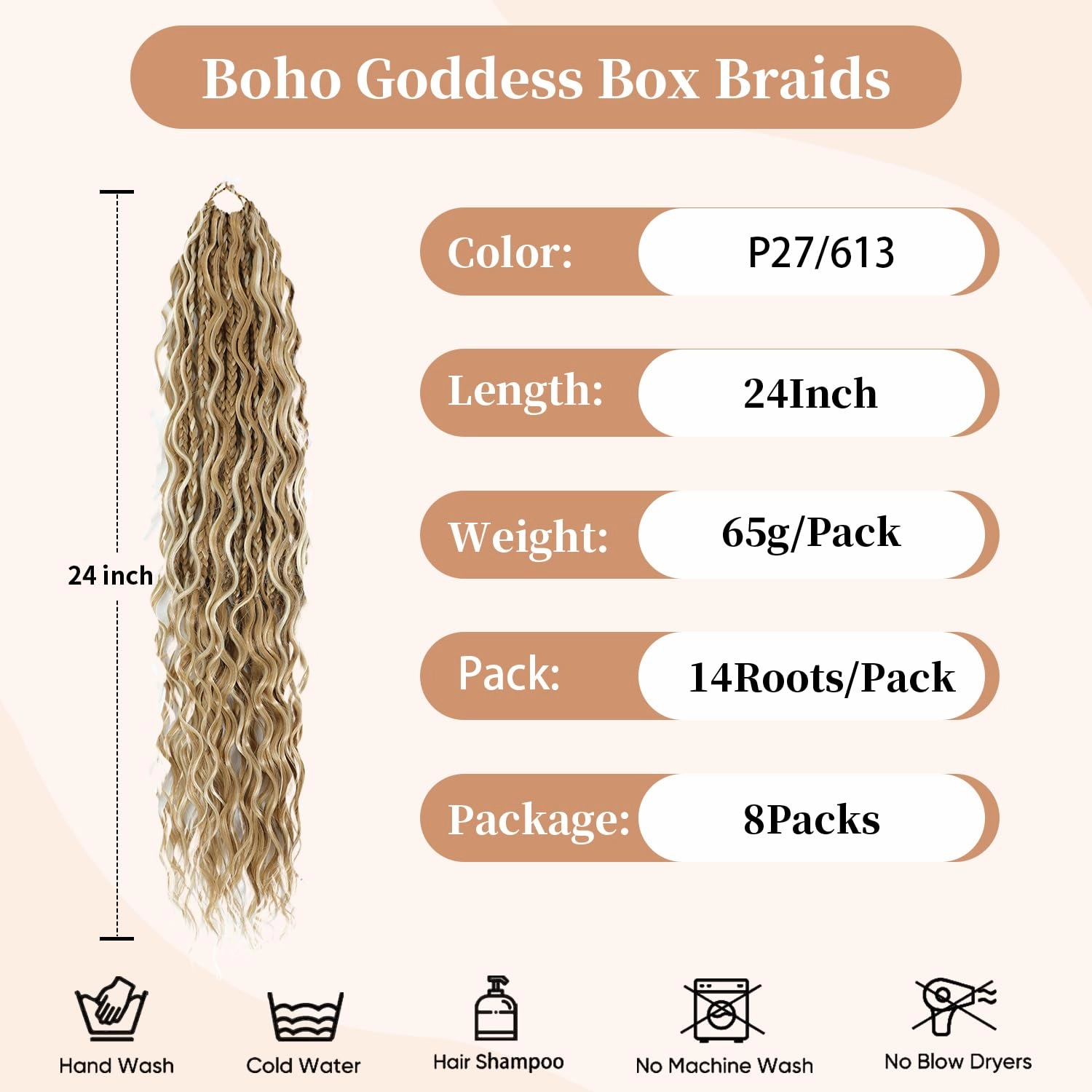 SOKU Goddess Box Braids Crochet Hair 24 Inch - 8 Packs Honey Blonde Boho Bohemian Box River Braids Pre-looped Platinum Blonde Synthetic Braiding Hair with Curly Ends for Women (24 Inch, P27/613)