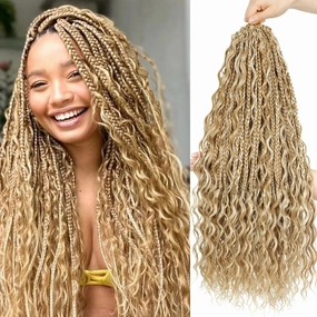 SOKU Goddess Box Braids Crochet Hair 24 Inch - 8 Packs Honey Blonde Boho Bohemian Box River Braids Pre-looped Platinum Blonde Synthetic Braiding Hair with Curly Ends for Women (24 Inch, P27/613)
