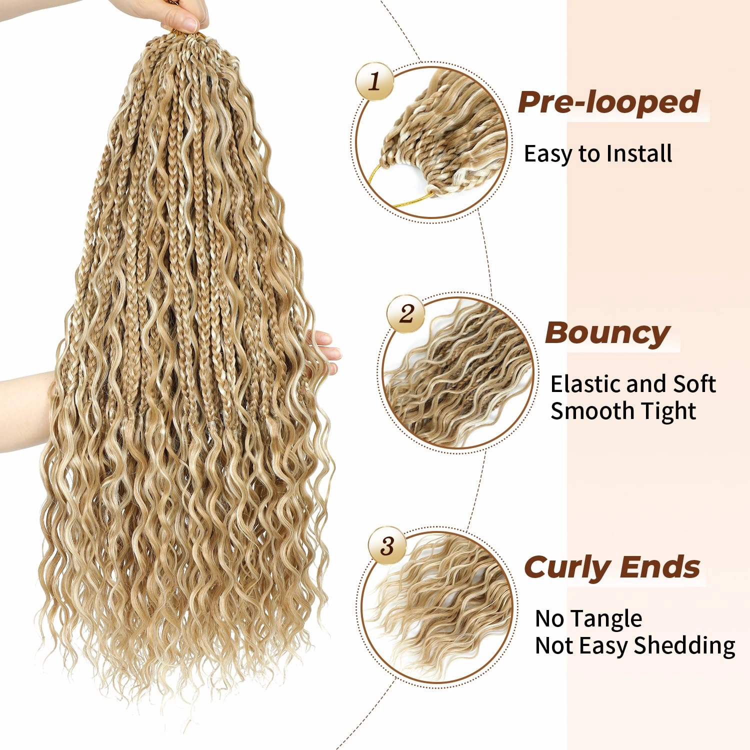 SOKU Goddess Box Braids Crochet Hair 24 Inch - 8 Packs Honey Blonde Boho Bohemian Box River Braids Pre-looped Platinum Blonde Synthetic Braiding Hair with Curly Ends for Women (24 Inch, P27/613)