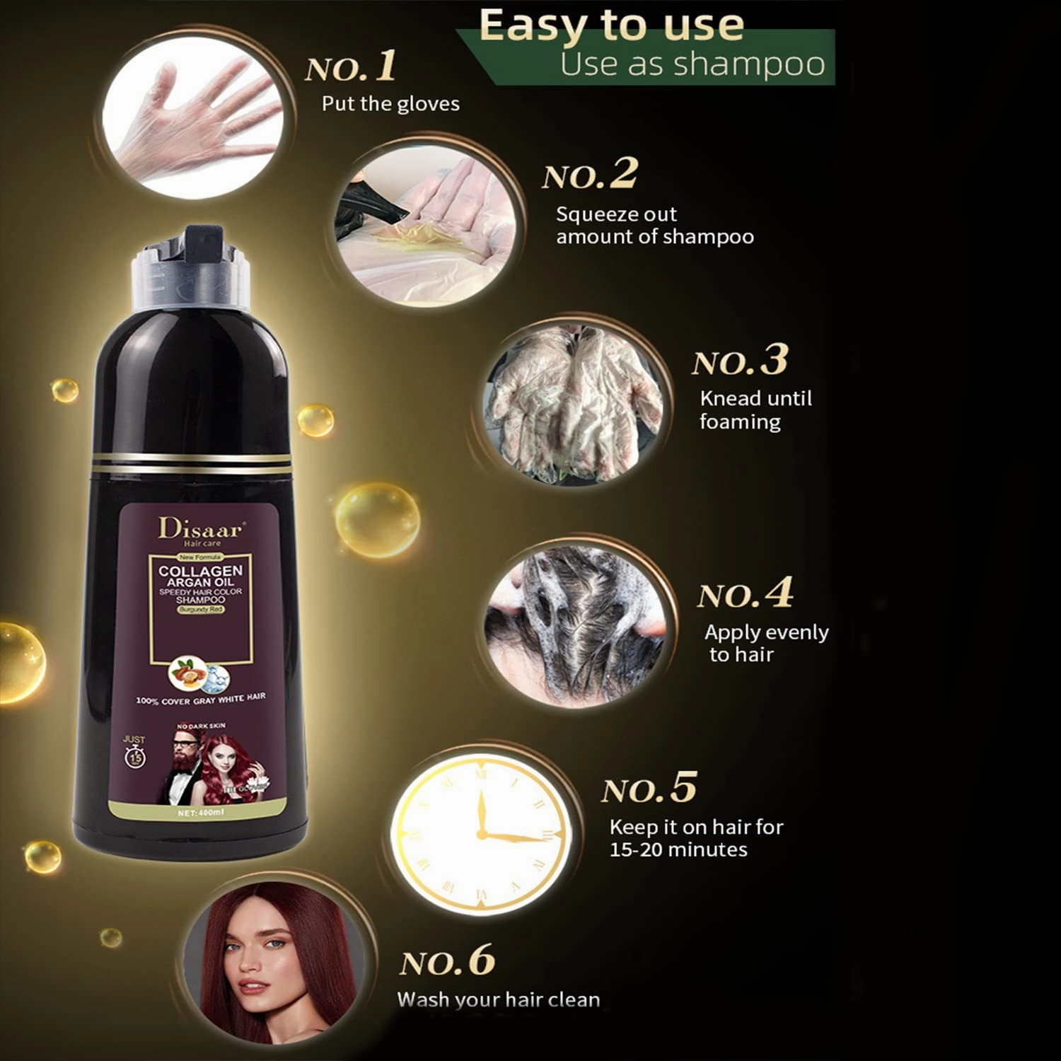 Speedy Hair Color Shampoo 100% Cover Gray White Hair Easy To Use Long Lasting 400ml/13.53fl.oz (Burgundy Red)