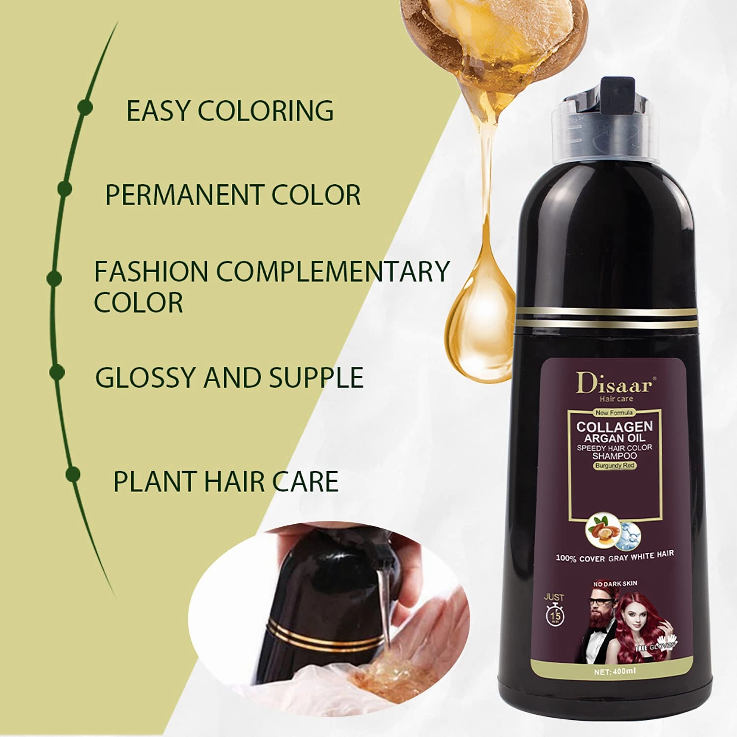 Speedy Hair Color Shampoo 100% Cover Gray White Hair Easy To Use Long Lasting 400ml/13.53fl.oz (Burgundy Red)