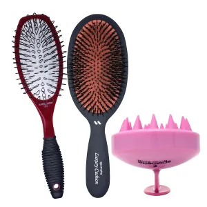 Spornette Large Super Looper Wig Brush Bundle with Large Cushion Boar and Nylon Bristle and Scalp Massager Shampoo Brush Pink