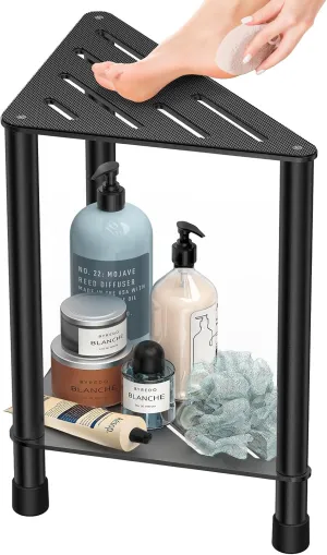 Stainless Steel Black Shower Stool for Inside Shower, 15.4'' H Shower Foot Rest, Corner Shower Stool with Storage Shelf, Shower Step for Shaving Legs, Bathroom Corner Shower Bench