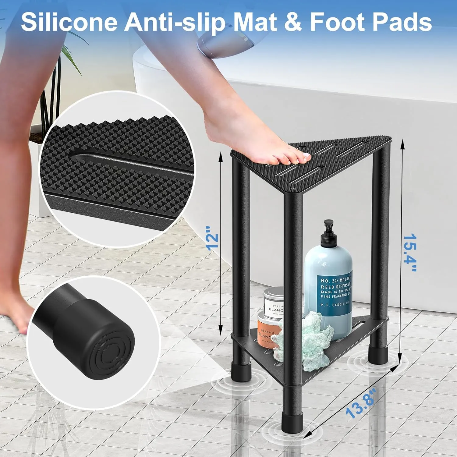 Stainless Steel Black Shower Stool for Inside Shower, 15.4'' H Shower Foot Rest, Corner Shower Stool with Storage Shelf, Shower Step for Shaving Legs, Bathroom Corner Shower Bench