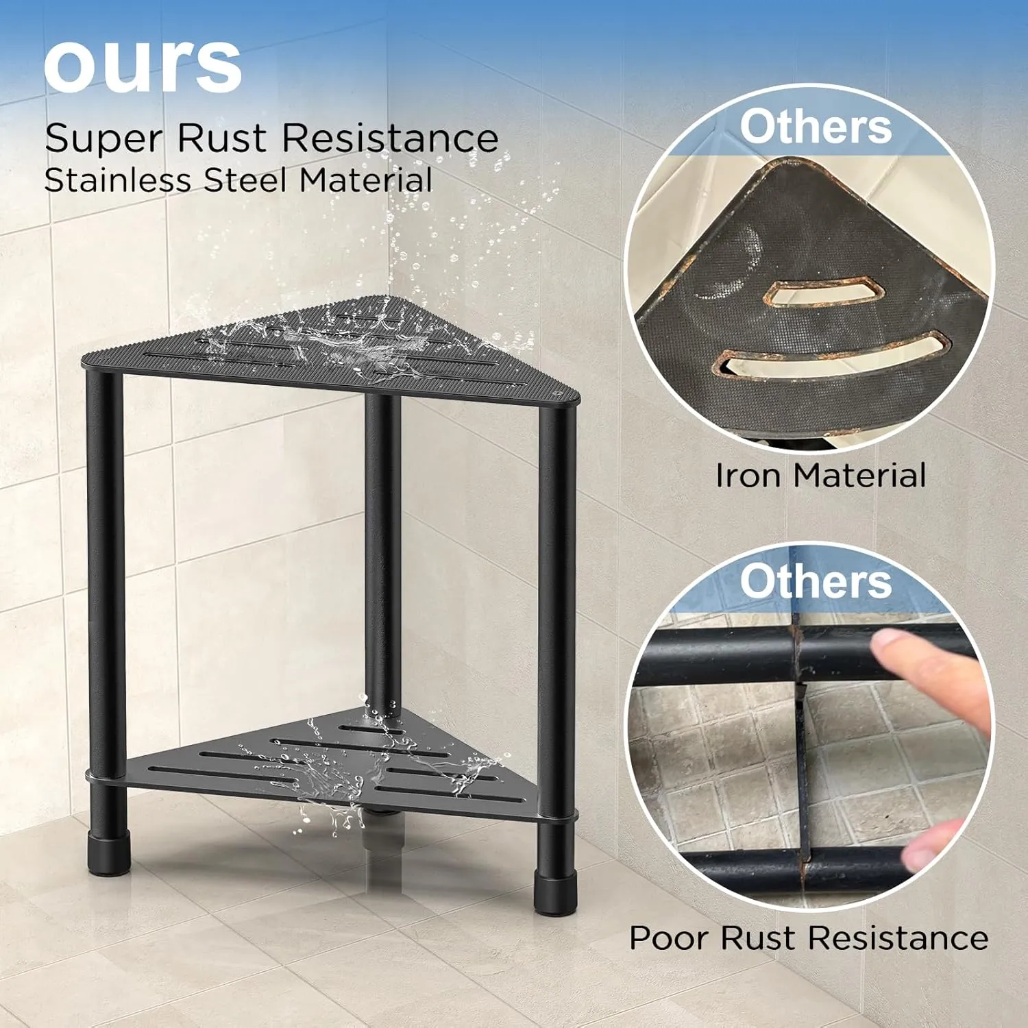 Stainless Steel Black Shower Stool for Inside Shower, 15.4'' H Shower Foot Rest, Corner Shower Stool with Storage Shelf, Shower Step for Shaving Legs, Bathroom Corner Shower Bench