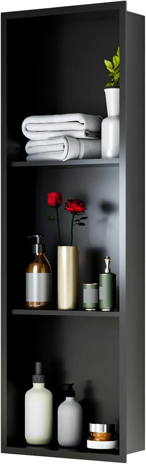 Stainless Steel Shower Niches Ready for Tile, 12" X 36" Modern Soap Niche, 3-Tier Organizer, No Tile Needed Recessed Wall Niche for Bathroom Storage, Black