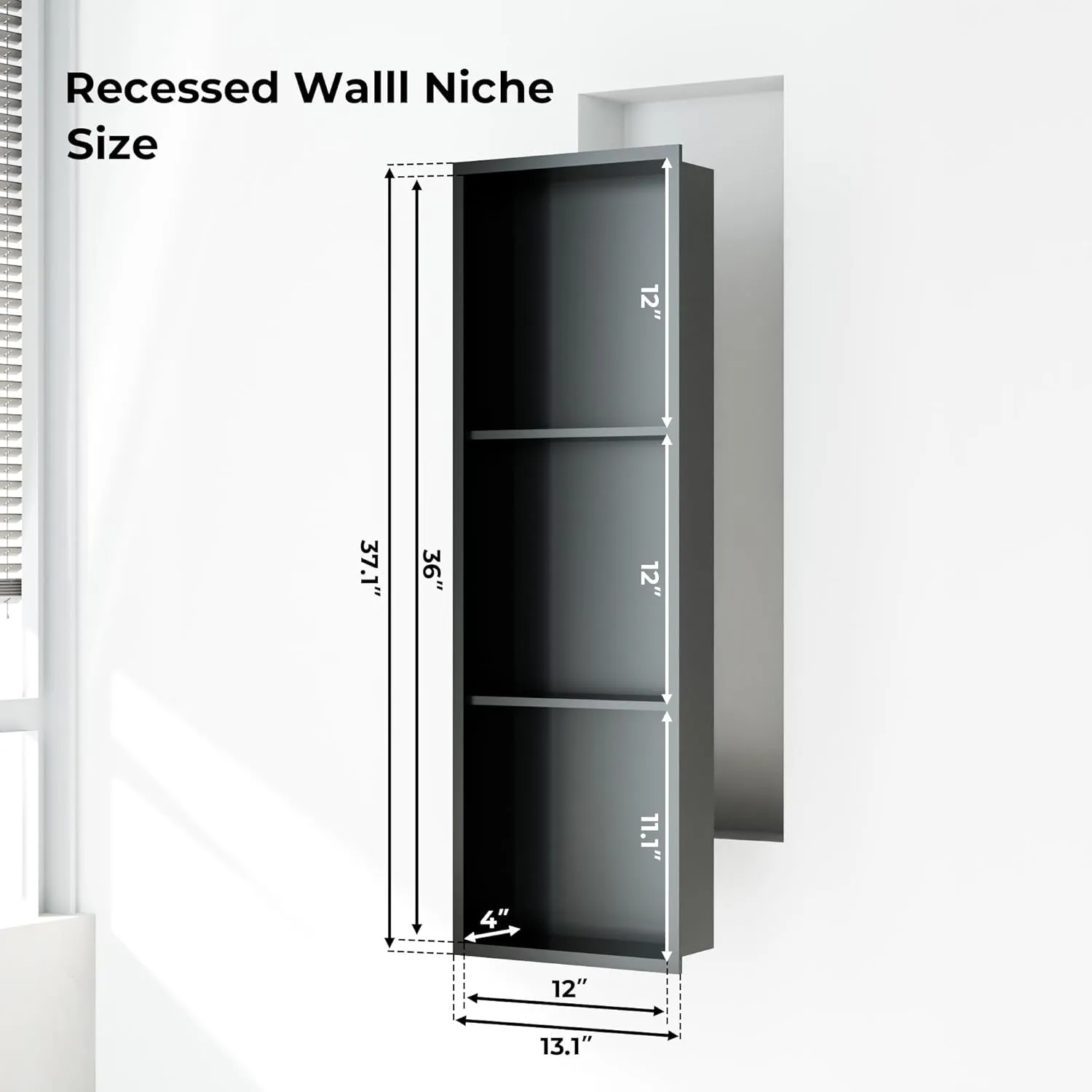 Stainless Steel Shower Niches Ready for Tile, 12" X 36" Modern Soap Niche, 3-Tier Organizer, No Tile Needed Recessed Wall Niche for Bathroom Storage, Black