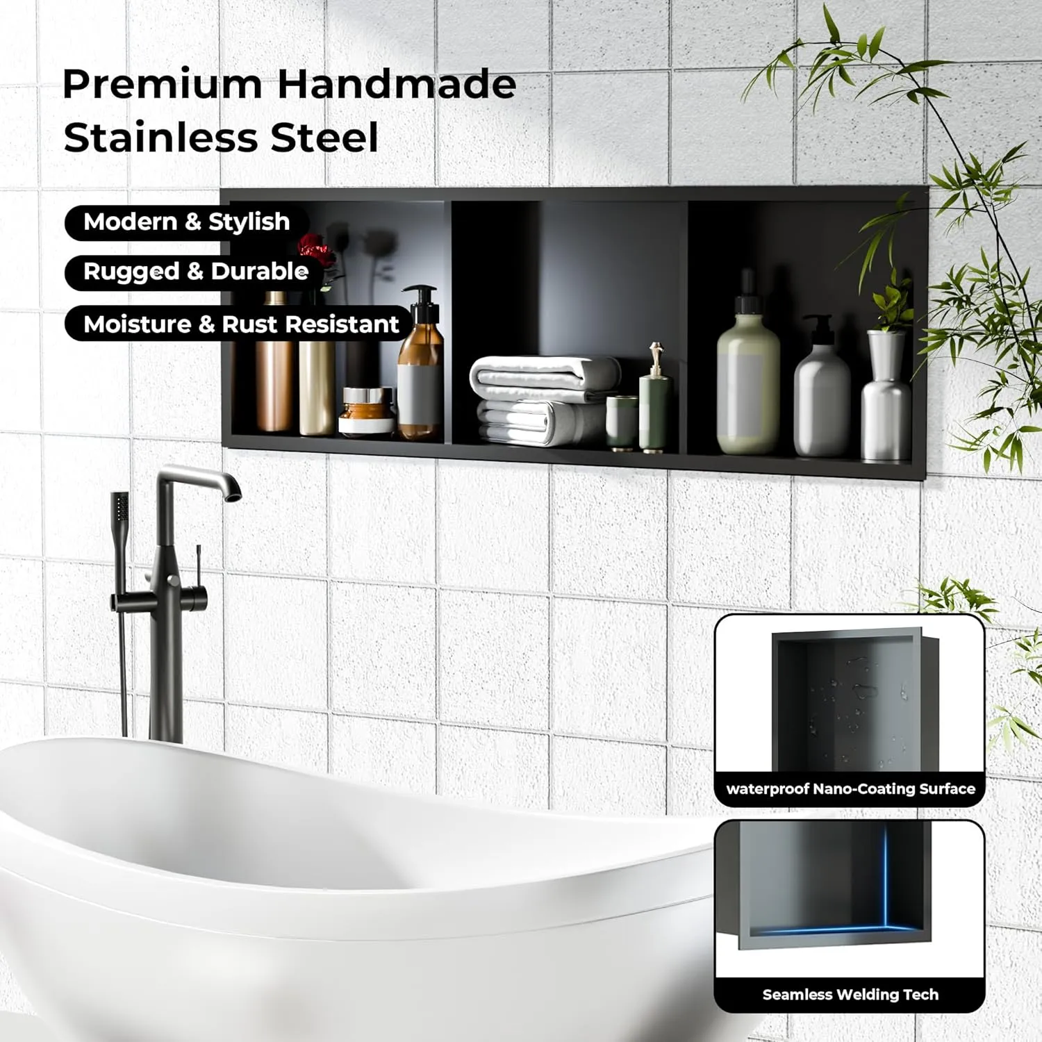Stainless Steel Shower Niches Ready for Tile, 12" X 36" Modern Soap Niche, 3-Tier Organizer, No Tile Needed Recessed Wall Niche for Bathroom Storage, Black