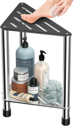 Stainless Steel Shower Stool for Inside Shower, 15.4'' H Shower Foot Rest, Corner Shower Stool with Storage Shelf, Shower Step for Shaving Legs, Bathroom Corner Shower Bench, Silver