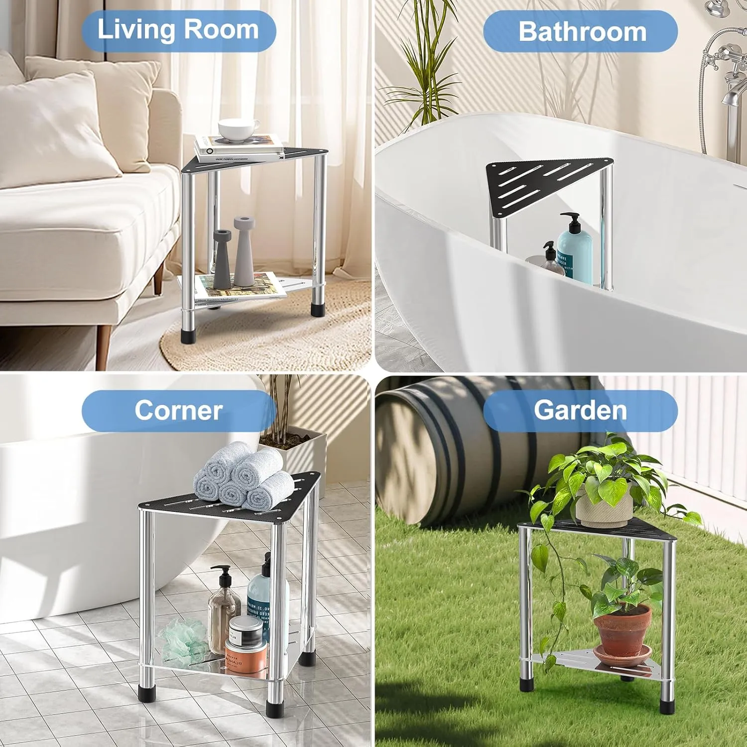 Stainless Steel Shower Stool for Inside Shower, 15.4'' H Shower Foot Rest, Corner Shower Stool with Storage Shelf, Shower Step for Shaving Legs, Bathroom Corner Shower Bench, Silver