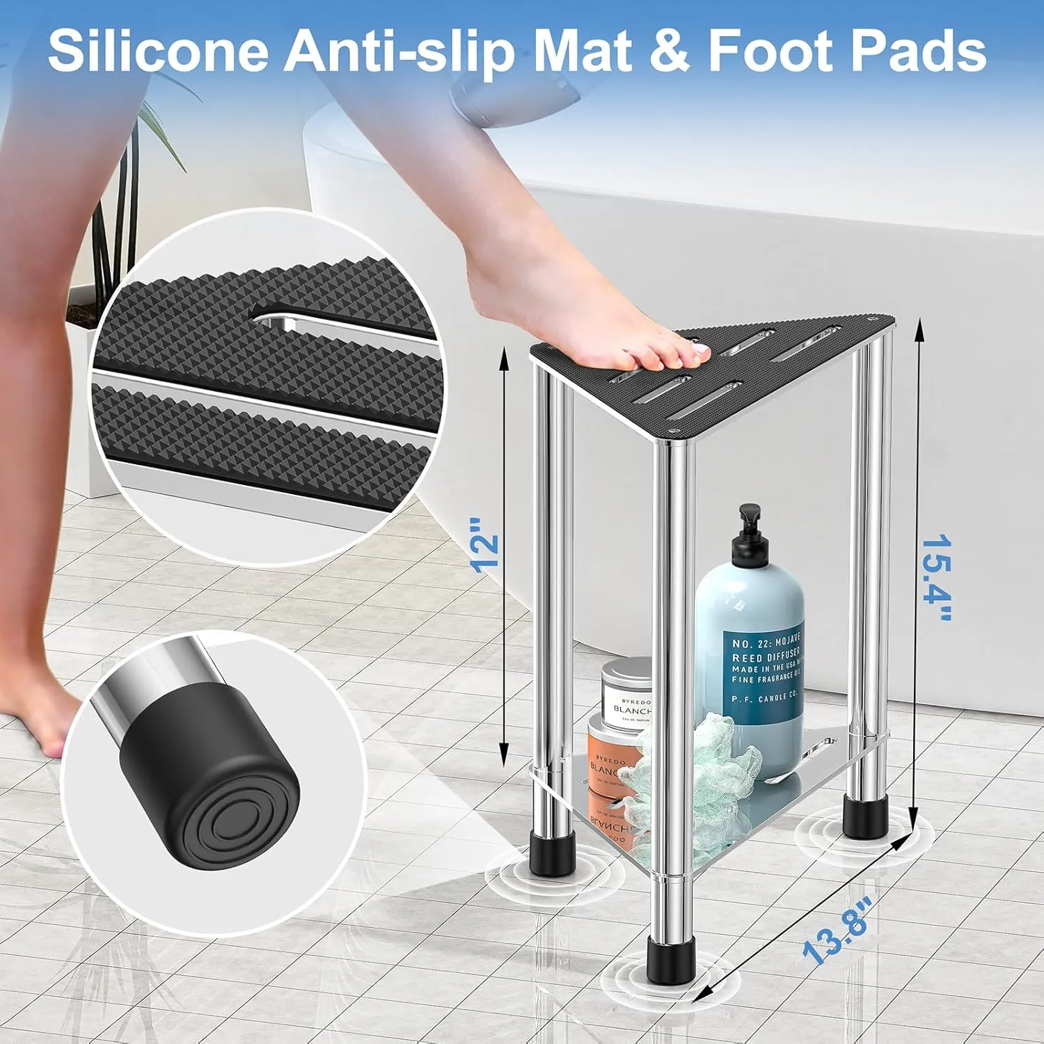 Stainless Steel Shower Stool for Inside Shower, 15.4'' H Shower Foot Rest, Corner Shower Stool with Storage Shelf, Shower Step for Shaving Legs, Bathroom Corner Shower Bench, Silver