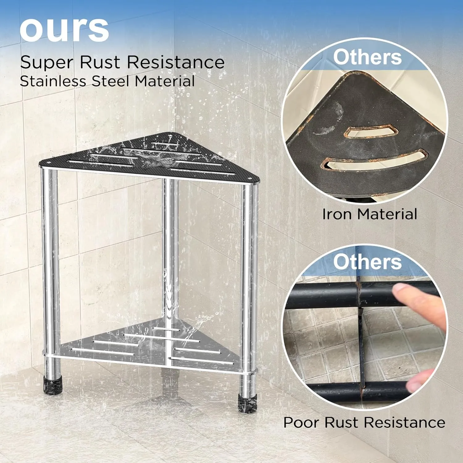 Stainless Steel Shower Stool for Inside Shower, 15.4'' H Shower Foot Rest, Corner Shower Stool with Storage Shelf, Shower Step for Shaving Legs, Bathroom Corner Shower Bench, Silver