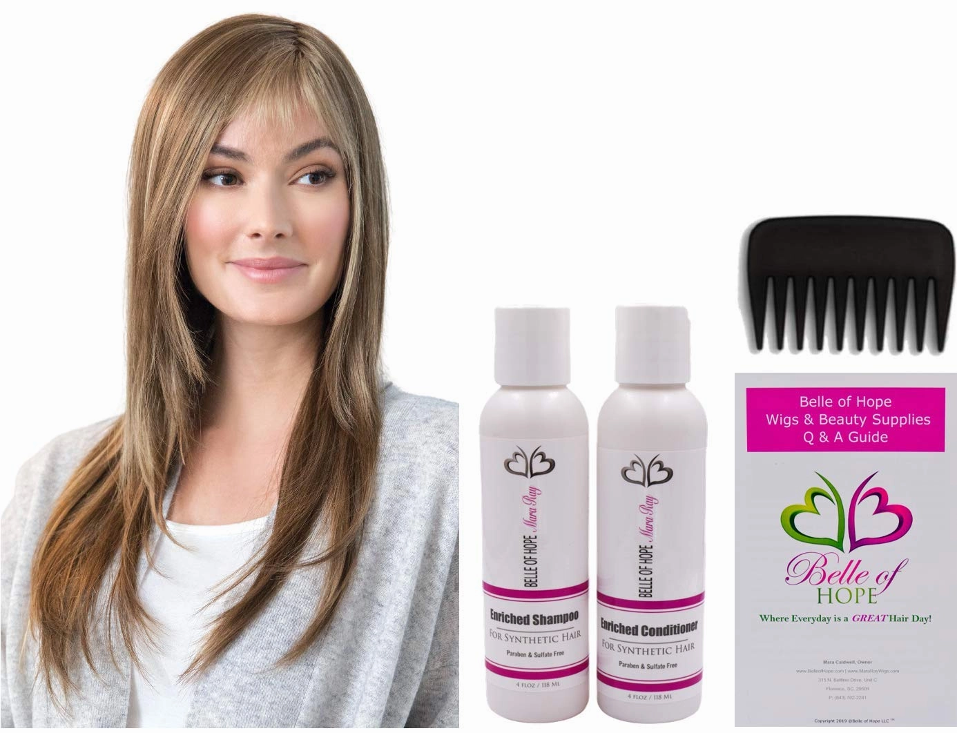 STEVIE Double Mono Synthetic Wig by Amore, 5PC Bundle: Wig, 4oz Mara Ray Enriched Shampoo, Conditioner, Wide Tooth Comb, and 19 Page Belle of Hope Guide (Coffee Latte)