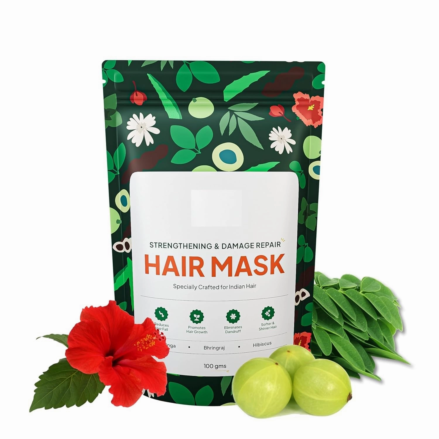 Strengthening Hair Mask | 100% Natural with Moringa, Hibiscus & Amla | Repairs & Reduces Hair Fall & Dandruff | Boosts Growth, Shine & Strength 100 gm