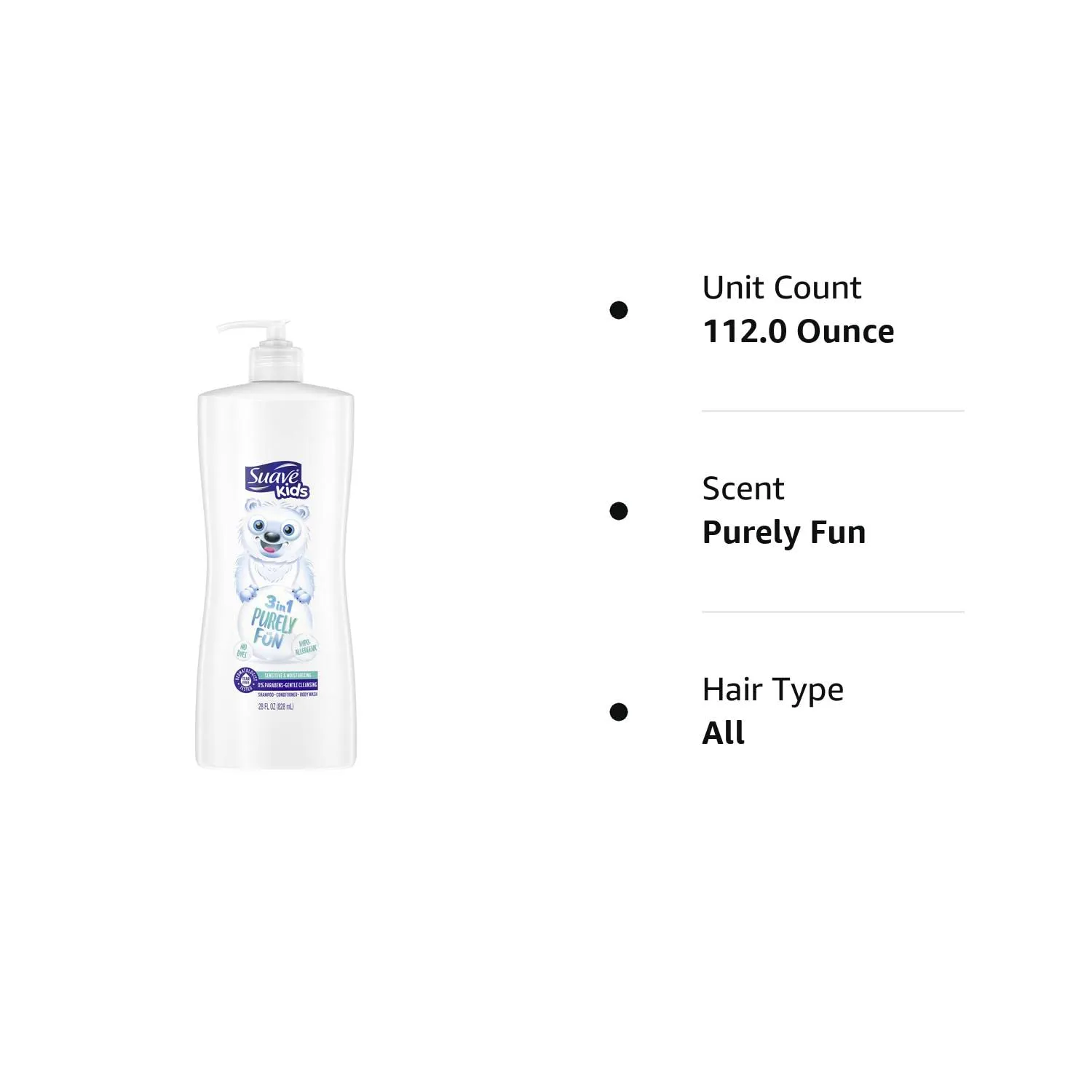 Suave Kids 3-in-1 Shampoo Conditioner Body Wash Purely Fun Makes Bath Time Quick and Easy, Paraben Free and Dermatologist Tested Kids Shampoo 3 in 1 Formula 28 Fl Oz (Pack of 4)