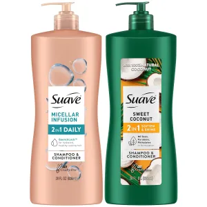 Suave Shampoo and Conditioner 2-in-1 Variety 2-Pack – Micellar Infusion & Sweet Coconut for All Hair Types, 28 Oz Ea