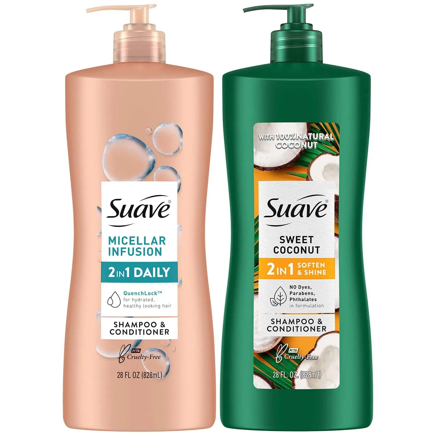 Suave Shampoo and Conditioner 2-in-1 Variety 2-Pack – Micellar Infusion & Sweet Coconut for All Hair Types, 28 Oz Ea