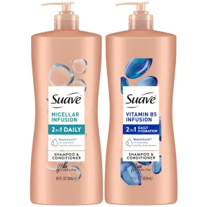 Suave Shampoo and Conditioner 2-in-1 Variety 2-Pack – Micellar Infusion & Vitamin B5 Infusion for All Hair Types, 28 Oz Ea