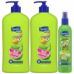 Suave Kids Shampoo & Conditioner 3-in-1, Watermelon Wonder 2-Pack   Detangler Spray for Kids, Silly Apple, Dermatologist-Tested & Tear Free