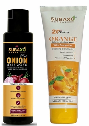 SUBAXO Red Onion Herbal Hair Wash, Onion Shampoo, Herbal Shampoo For Women & Men (120ml) and Orange Herbal Face Wash, Vitamin C facewash (120ml) Combo Pack