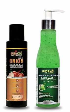 SUBAXO Red Onion Shampoo, Hair Wash, Herbal Shampoo (120ml) and Neem AloeVera Face Wash, Anti Pimples Face wash (200ml) Combo Pack