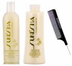 Sukesha Clear Hair Wash Shampoo & Clear Hair Conditioner DUO Set (w/Sleek Comb) Gentle Formula, Fragrance-Free, 100% Vegan (12 oz   12 oz DUO KIT)
