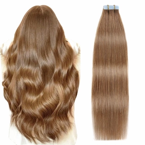 SUYYA Tape in Hair Extensions 100% Remy Human Hair 20 inches 20pcs 50g/pack Straight Seamless Skin Weft Tape in Human Hair Extensions(20Inch #8 Light Brown)