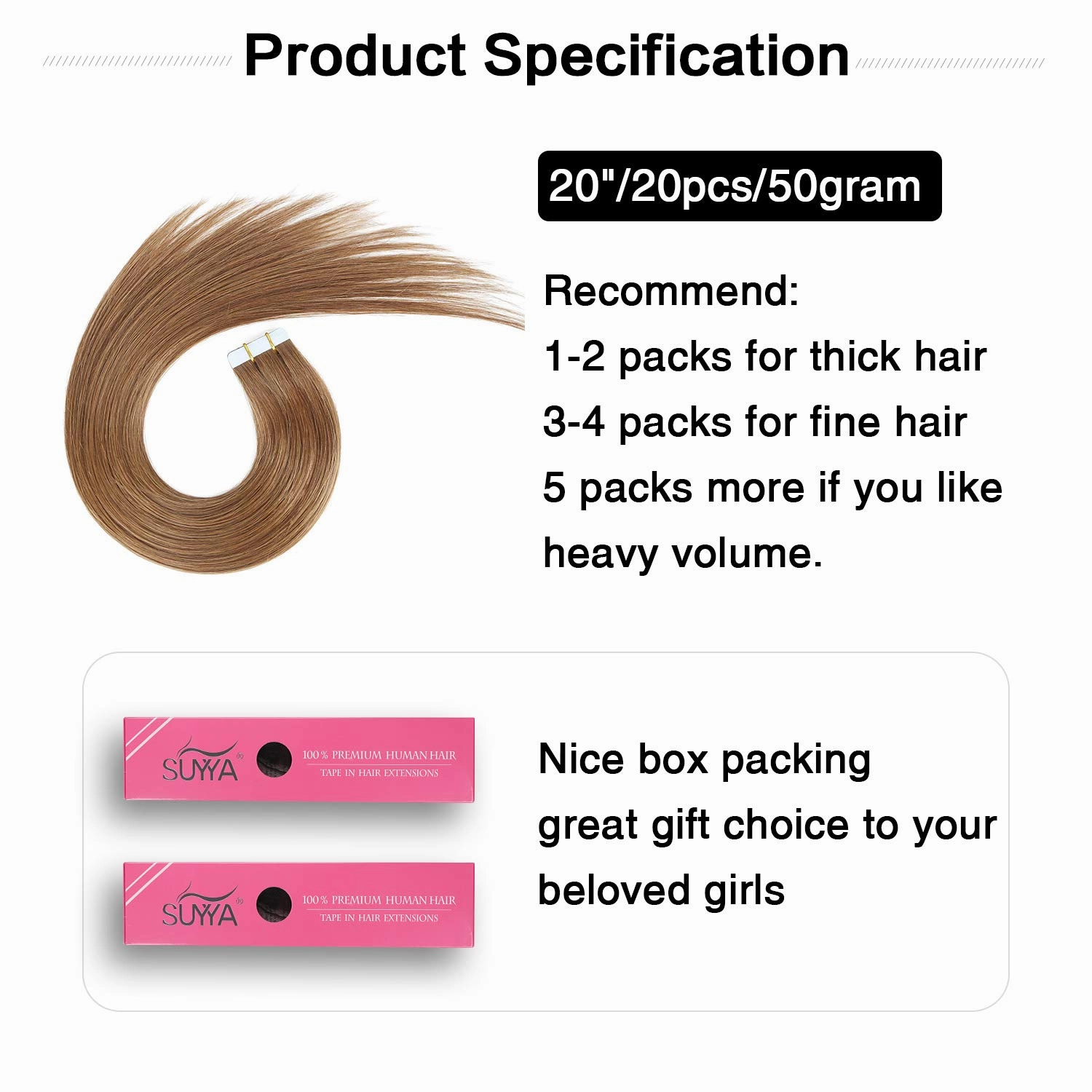 SUYYA Tape in Hair Extensions 100% Remy Human Hair 20 inches 20pcs 50g/pack Straight Seamless Skin Weft Tape in Human Hair Extensions(20Inch #8 Light Brown)