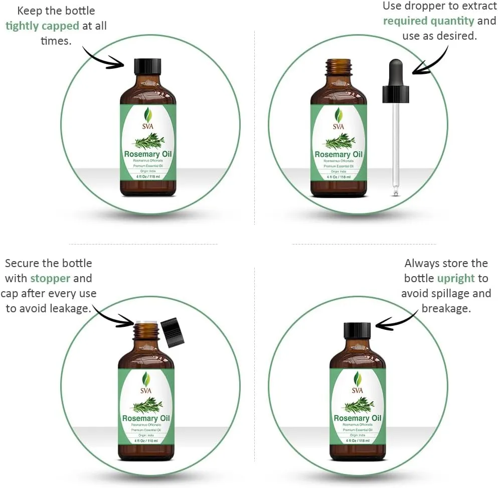 SVA Rosemary Essential Oil – 4 Fl Oz – 100% Natural Rosemary Oil for Hair, Face, Skin Care, Diffuser, Aromatherapy, Scalp, Body Massage, Soap and Candle Making – with Dropper