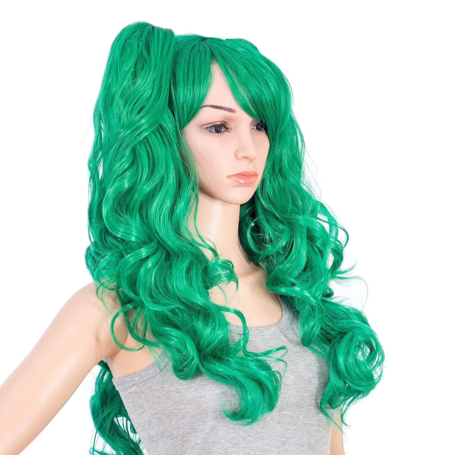 SWACC Long Curly Double Claw Clip on Ponytail Wig Synthetic Pastel Colorful Cosplay Daily Party Wig for Women with Wig Cap (Green)