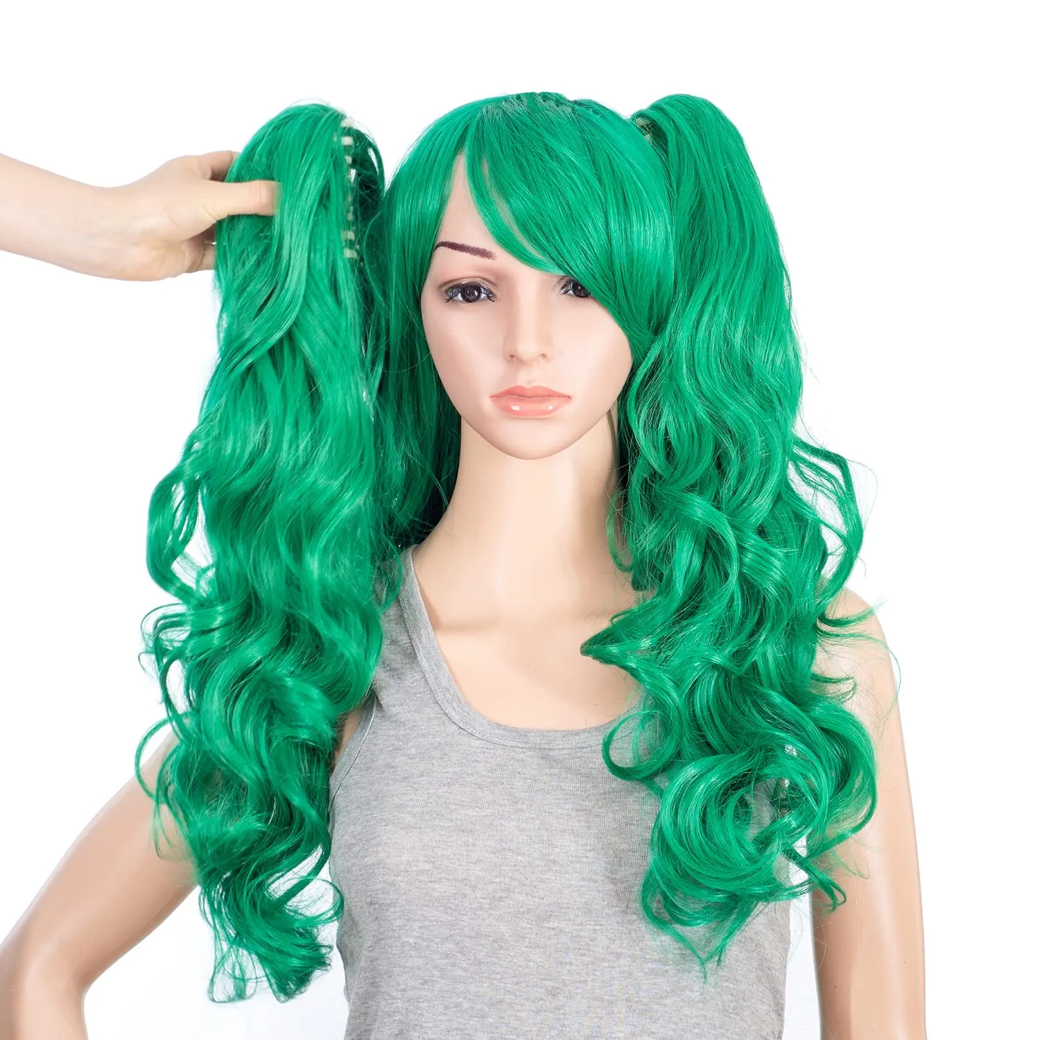 SWACC Long Curly Double Claw Clip on Ponytail Wig Synthetic Pastel Colorful Cosplay Daily Party Wig for Women with Wig Cap (Green)