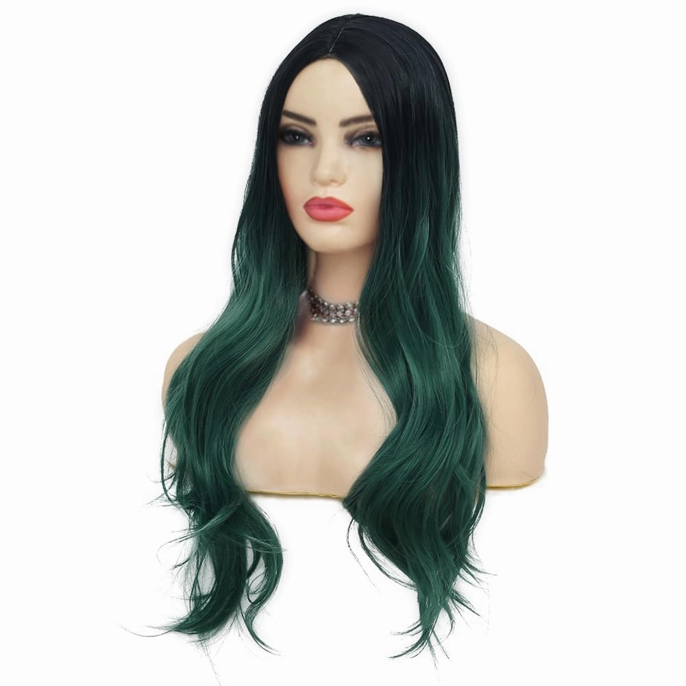 Swiking Long Green Wigs for Women Curly Wave Natural Ombre Green Synthetic Fibre Soft Hair Wigs for Party Cosplay Halloween
