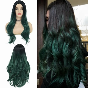 Swiking Long Green Wigs for Women Curly Wave Natural Ombre Green Synthetic Fibre Soft Hair Wigs for Party Cosplay Halloween