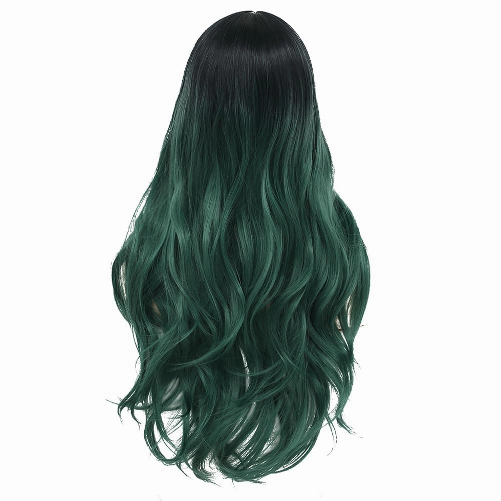 Swiking Long Green Wigs for Women Curly Wave Natural Ombre Green Synthetic Fibre Soft Hair Wigs for Party Cosplay Halloween