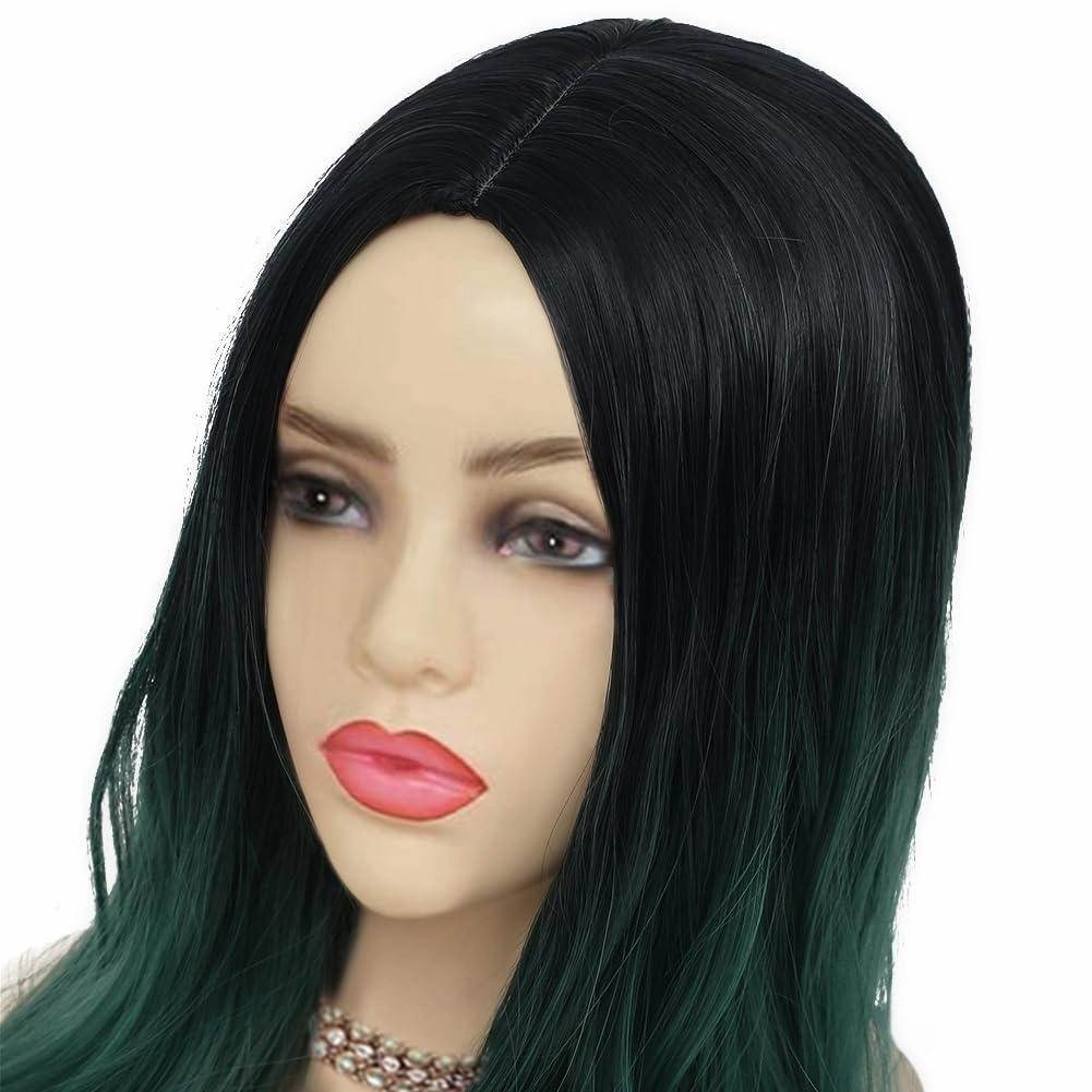 Swiking Long Green Wigs for Women Curly Wave Natural Ombre Green Synthetic Fibre Soft Hair Wigs for Party Cosplay Halloween