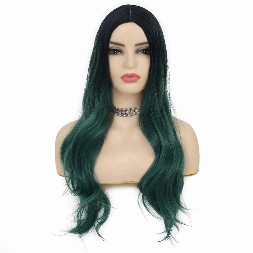 Swiking Long Green Wigs for Women Curly Wave Natural Ombre Green Synthetic Fibre Soft Hair Wigs for Party Cosplay Halloween