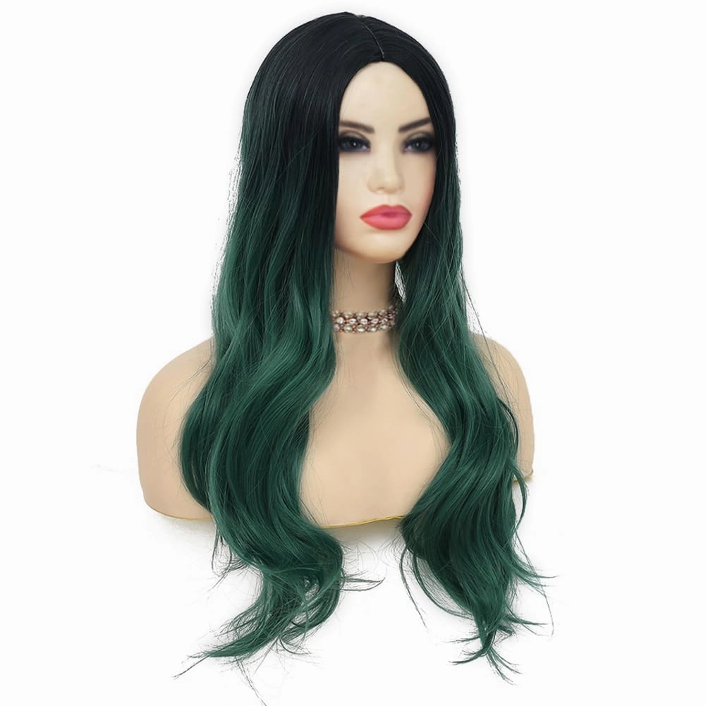 Swiking Long Green Wigs for Women Curly Wave Natural Ombre Green Synthetic Fibre Soft Hair Wigs for Party Cosplay Halloween