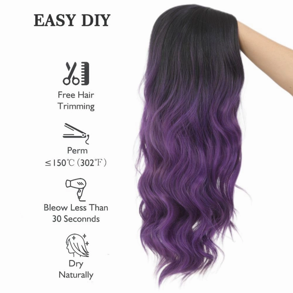 Swiking Long Purple Wigs for Women Dark Roots Wave Curly Wig Natural Ombre Purple Synthetic Fibre Soft Hair Wigs for Party Cospaly Use（Ombre Purple）