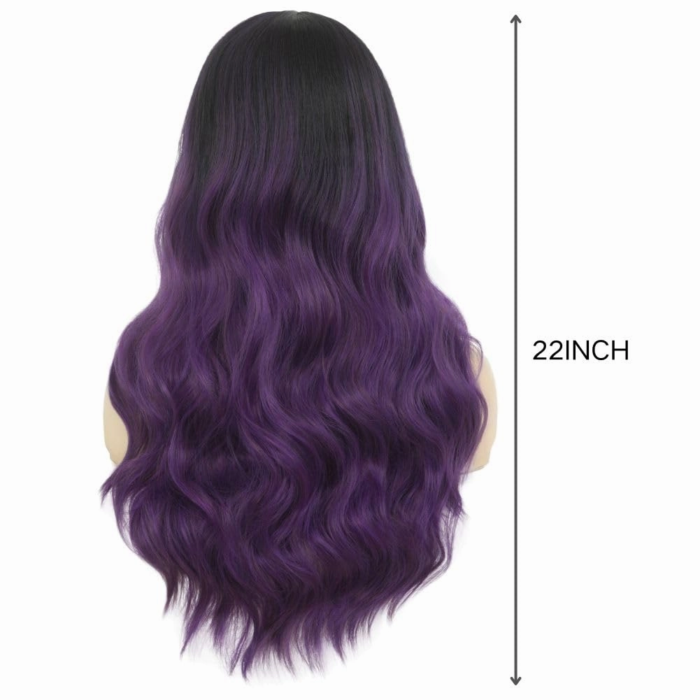 Swiking Long Purple Wigs for Women Dark Roots Wave Curly Wig Natural Ombre Purple Synthetic Fibre Soft Hair Wigs for Party Cospaly Use（Ombre Purple）