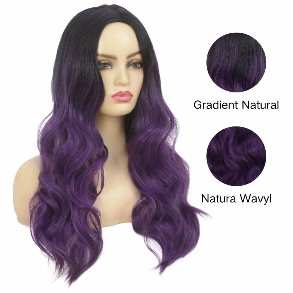Swiking Long Purple Wigs for Women Dark Roots Wave Curly Wig Natural Ombre Purple Synthetic Fibre Soft Hair Wigs for Party Cospaly Use（Ombre Purple）