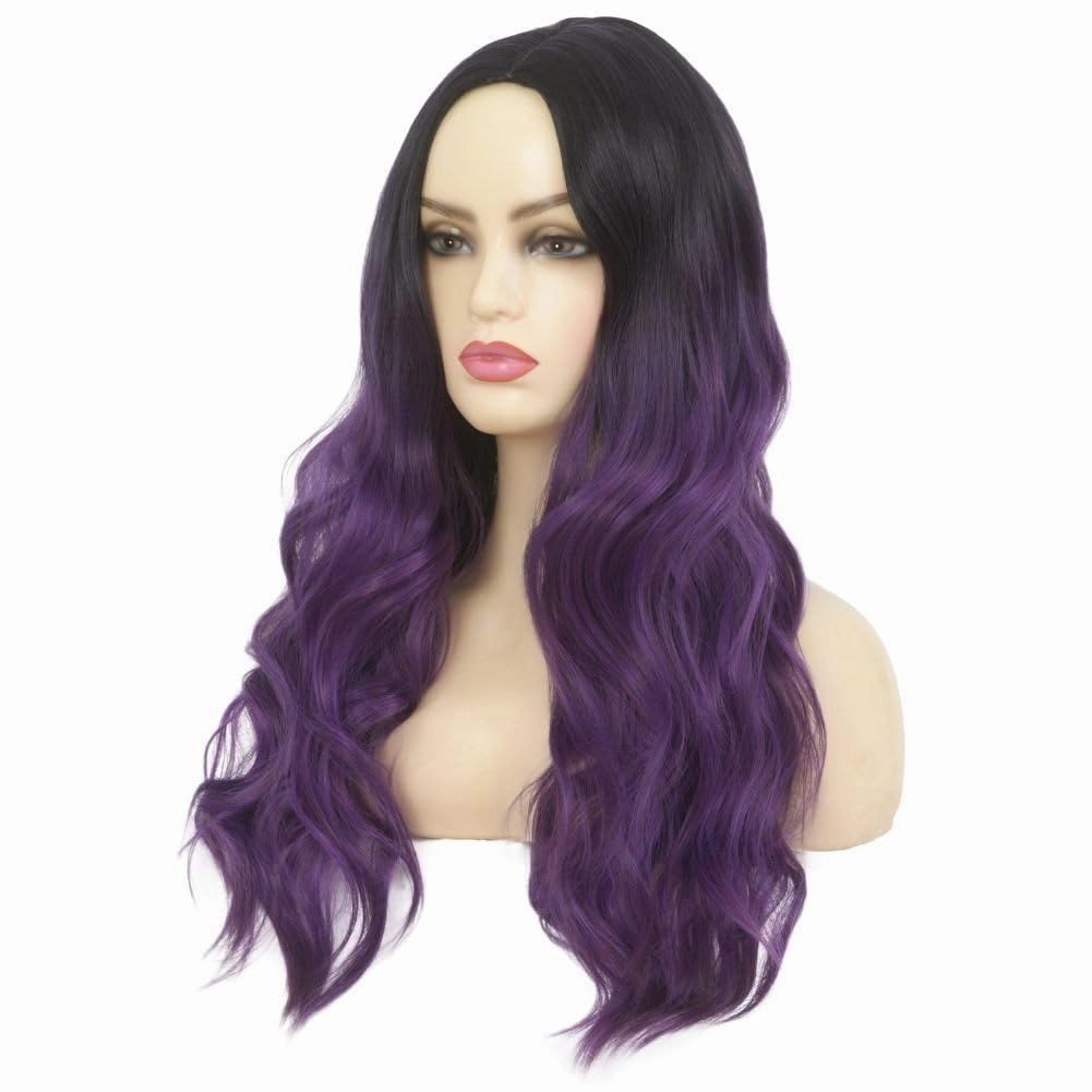 Swiking Long Purple Wigs for Women Dark Roots Wave Curly Wig Natural Ombre Purple Synthetic Fibre Soft Hair Wigs for Party Cospaly Use（Ombre Purple）