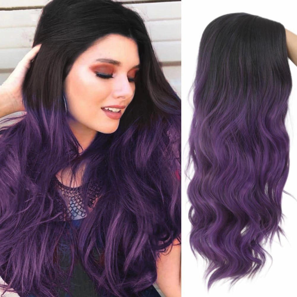 Swiking Long Purple Wigs for Women Dark Roots Wave Curly Wig Natural Ombre Purple Synthetic Fibre Soft Hair Wigs for Party Cospaly Use（Ombre Purple）