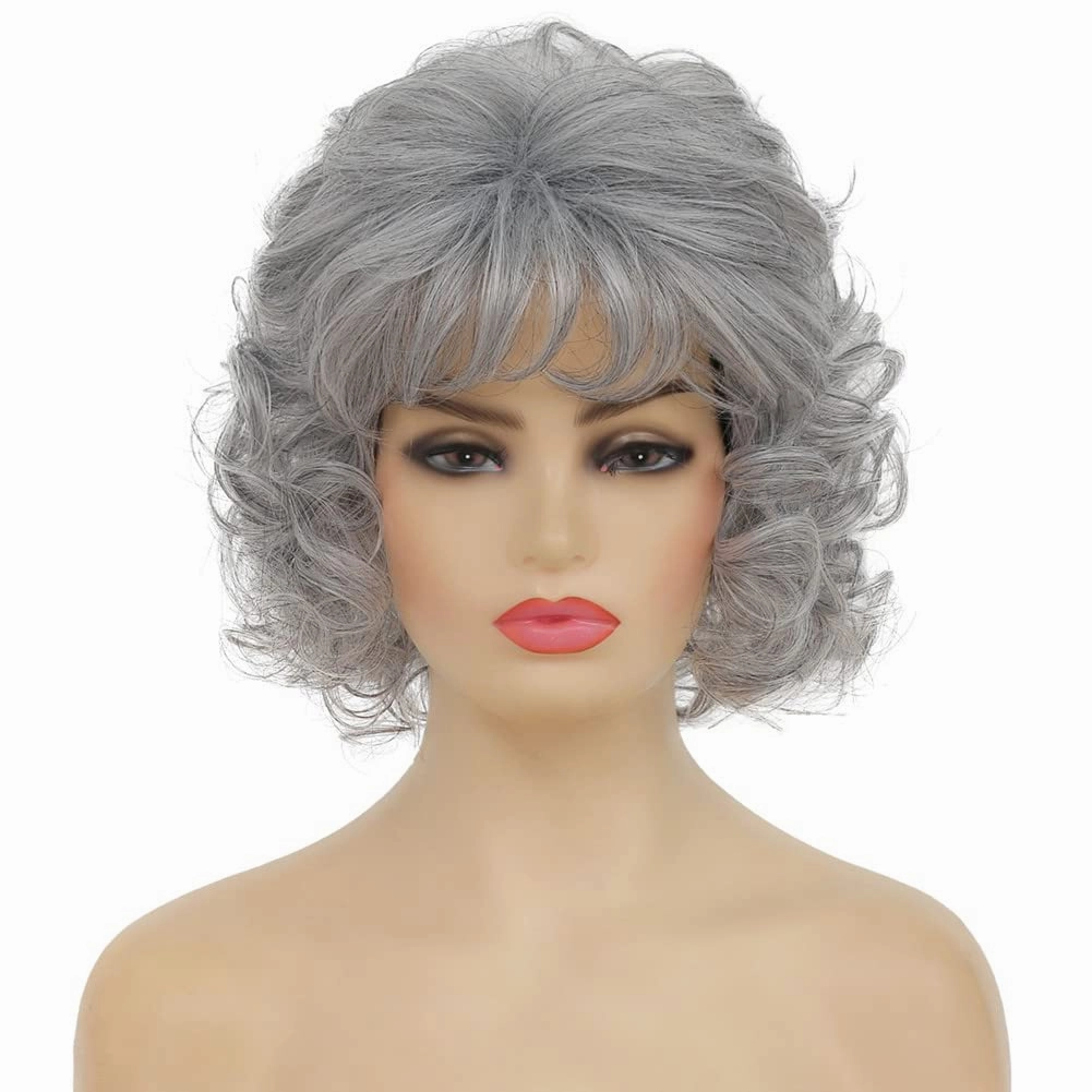 Swiking Short Grey Curly Women Wigs with Bangs Natural Synthetic Hair Layered Old Ladies Heat Resistant Daily Cosplay Full Wigs