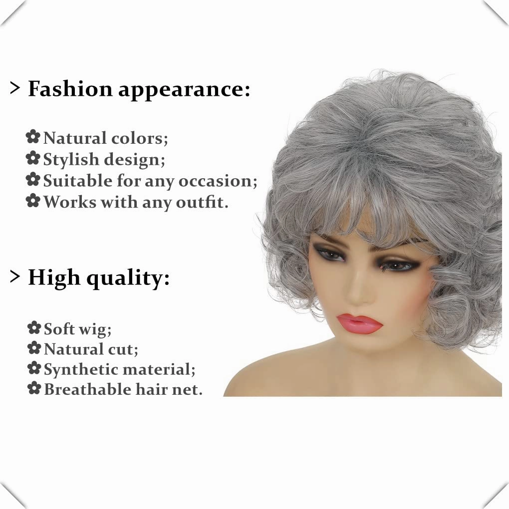 Swiking Short Grey Curly Women Wigs with Bangs Natural Synthetic Hair Layered Old Ladies Heat Resistant Daily Cosplay Full Wigs