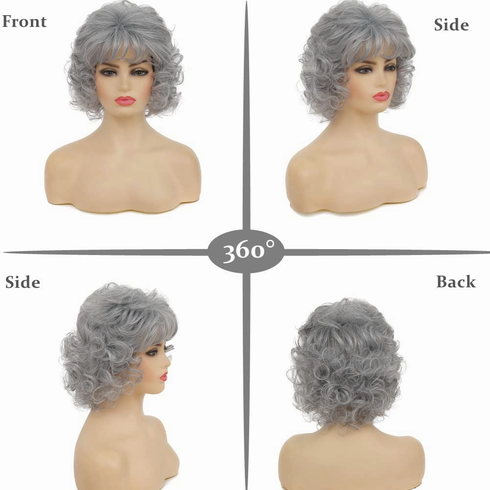 Swiking Short Grey Curly Women Wigs with Bangs Natural Synthetic Hair Layered Old Ladies Heat Resistant Daily Cosplay Full Wigs