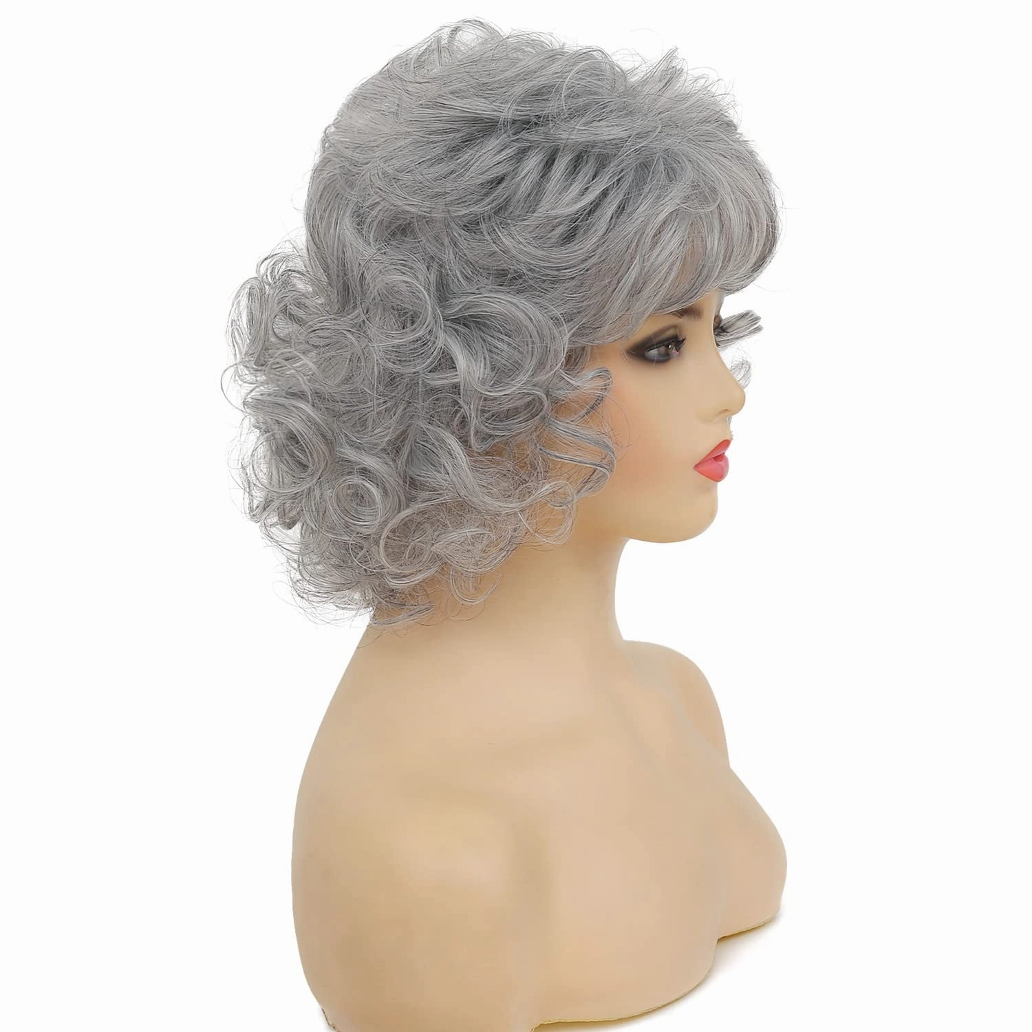 Swiking Short Grey Curly Women Wigs with Bangs Natural Synthetic Hair Layered Old Ladies Heat Resistant Daily Cosplay Full Wigs