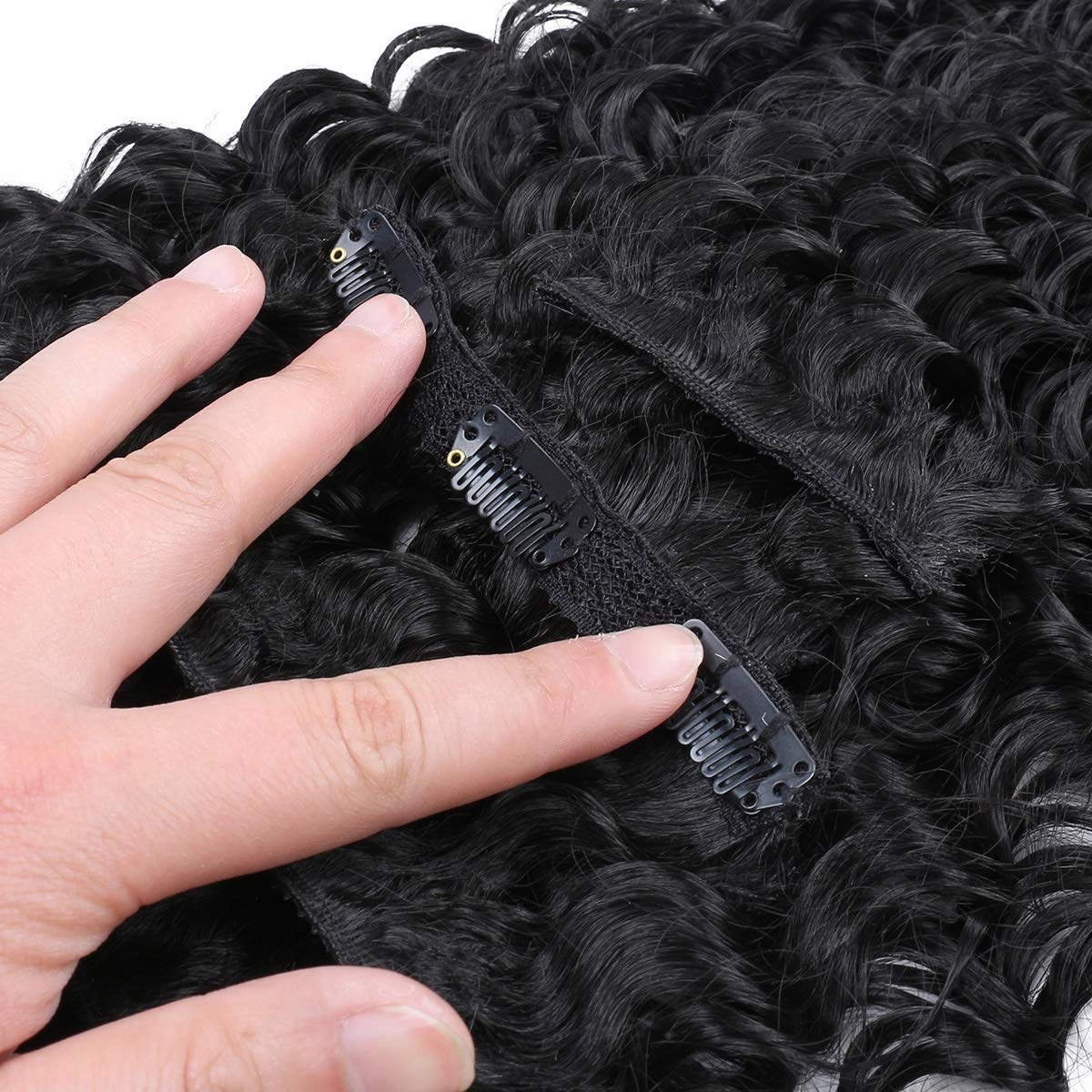 Synthetic Curly Clip in Hair Extensions Double Weft Full Head Deep Wave Hair Pieces Heat Resistance Thick Deep Wave Clip In 7 Pieces(24inches, #1B Natural Black)