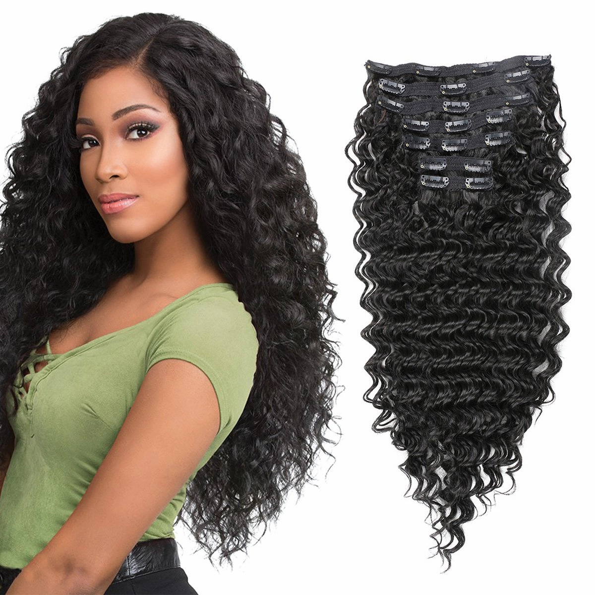 Synthetic Curly Clip in Hair Extensions Double Weft Full Head Deep Wave Hair Pieces Heat Resistance Thick Deep Wave Clip In 7 Pieces(24inches, #1B Natural Black)